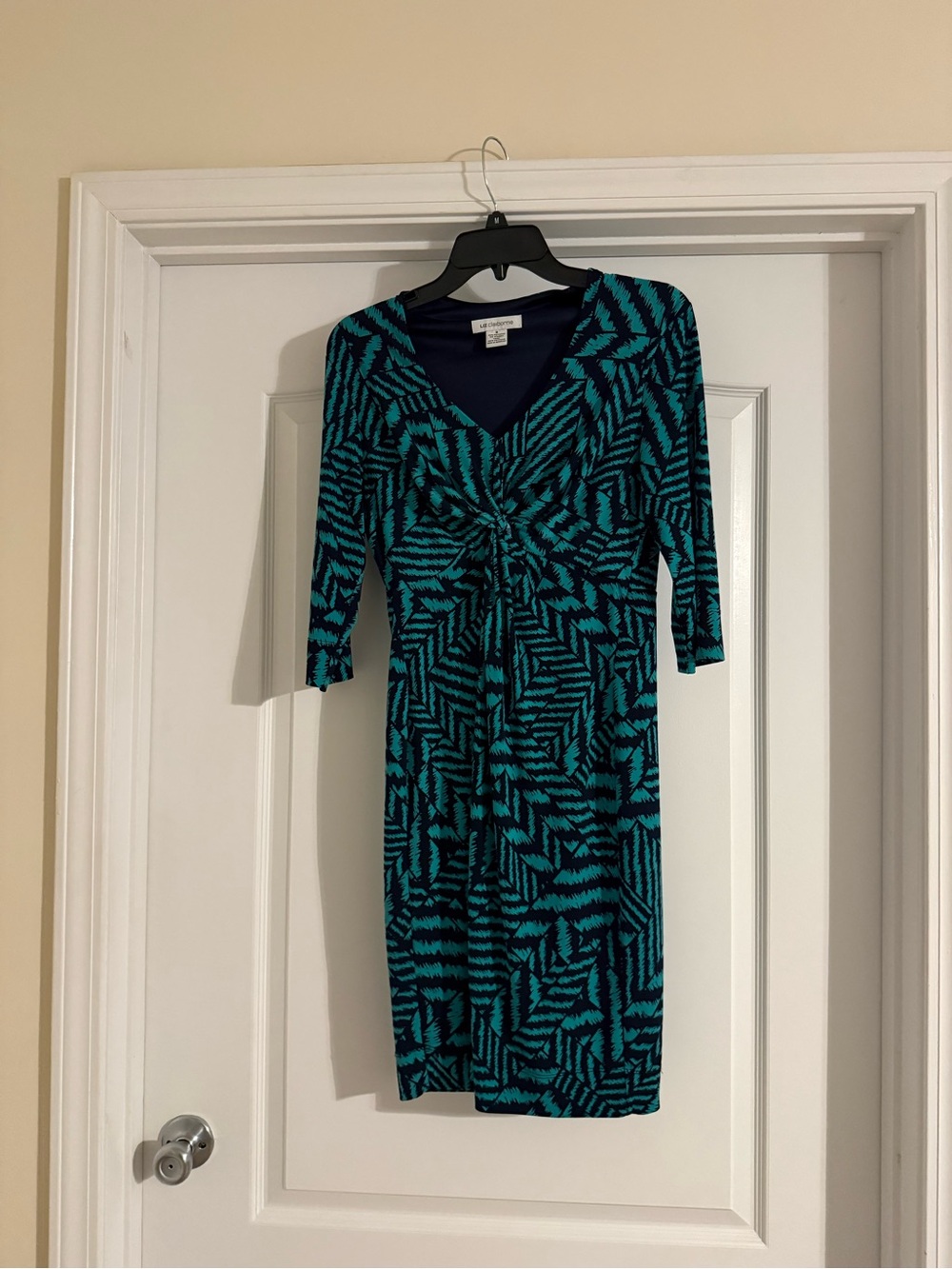 Liz Claiborne Teal and Black Knit V-Neck Twist-Front Dress